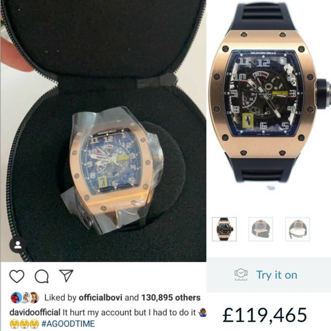 Davido spoils himself with a £119K (N55m) Richard Mille watch
