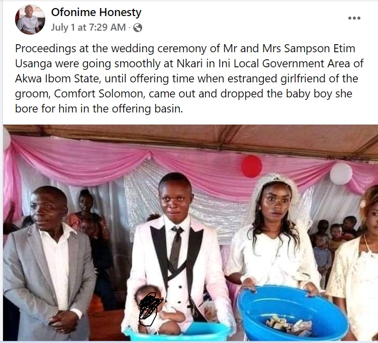 Drama As Lady Drops Her Ex-boyfriend’s Child Inside Offering Bowl During His Church Wedding to Another Woman