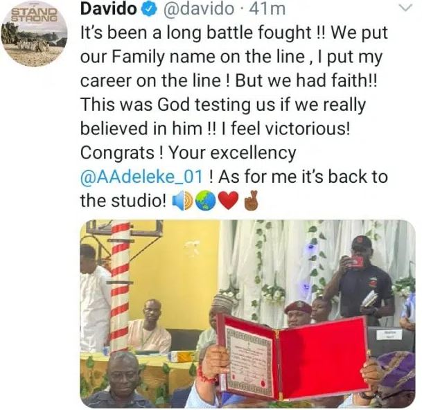 I Put My Career On The Line - Davido Congratulates Uncle, Ademola Adeleke, As He Receives His Certificate Of Return