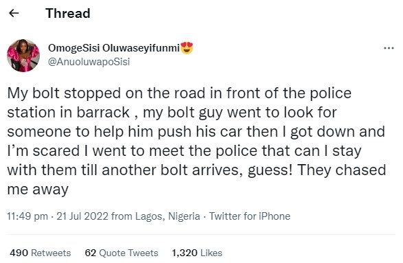 Nigerian lady narrates how police chased her away when she sought refuge in station while stranded