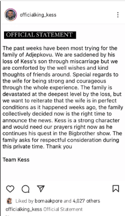#BBNaija: “The Past Weeks Has Been Most Trying For His Family But…” – Kess’ Management Speaks On His Child’s Death