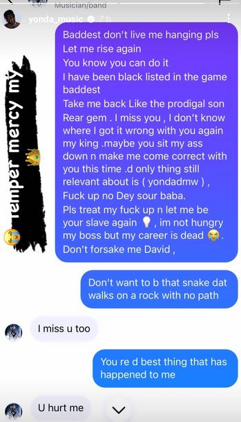 I Miss You Too But You Hurt Me - Davido Replies After His Signee, Yonda Apologised For Betraying Him