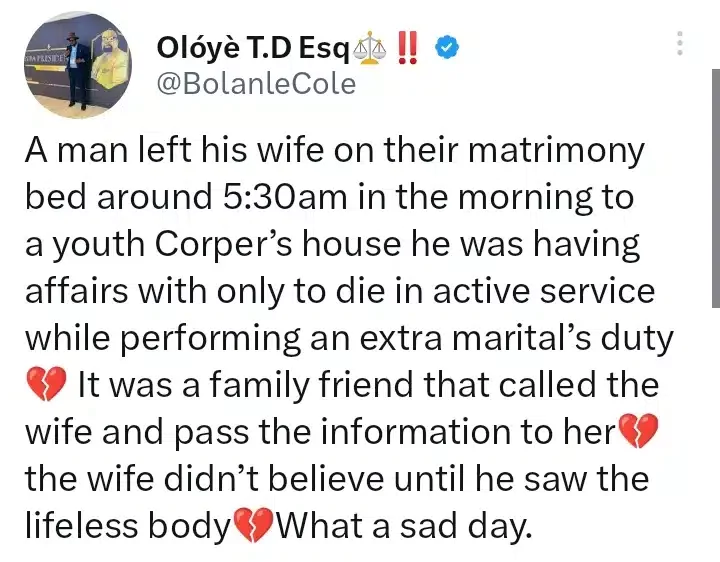 'He died in active service' - Man reportedly passes on while cheating on wife